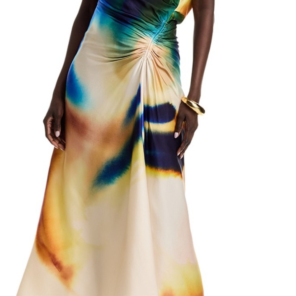 A.L.C. Penny Satin Midi Dress. In Blue and Cream - Picture 3 of 6